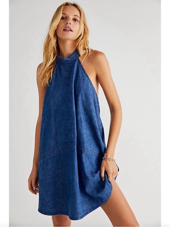 Free People Dresses & Skirts - Free People Rising Sun Mini Denim Halter Dress Sz XL